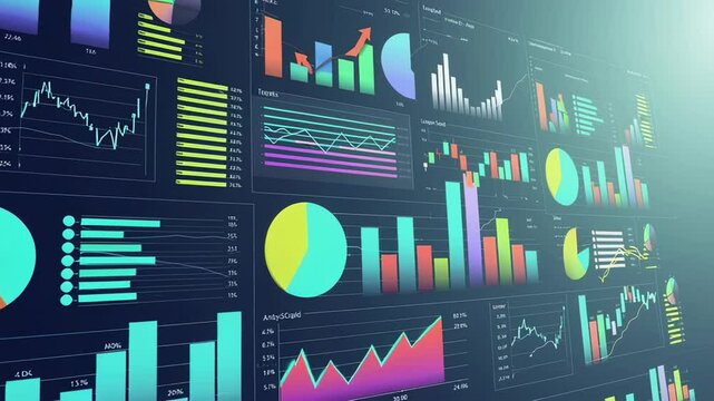 Colorful charts and graphs, showcasing various financial data points, undergo dynamic changes, indicating positive growth trends in a captivating slow motion sequence