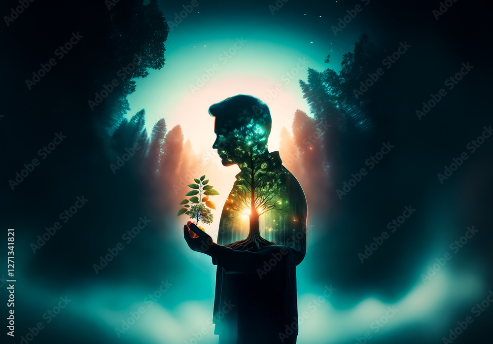 Poster a person's silhouette holds a small tree, blending nature within. forest backdrop with mystical glow