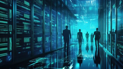 Generative AI illustration of people reflecting in server room