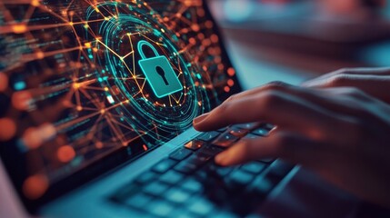Close up of hands using laptop keyboard with abstract glowing polygonal sphere with glowing digital padlock shield on blurry background. Safety, protect and technology concept. Double exposure