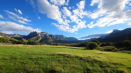 Naklejka premium Breathtaking panoramic view of lush grassland with majestic mountains under a vibrant blue sky : Generative AI