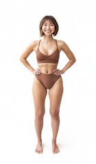 Fototapeta premium Happy half asian and american woman in her 30s swimwear brown style.