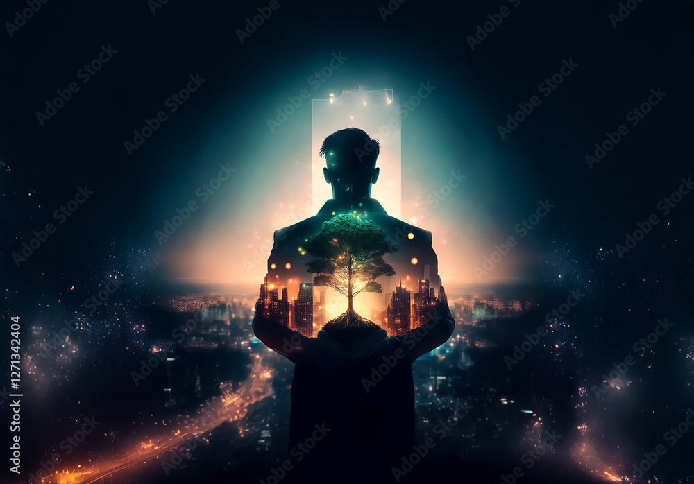 Poster silhouette of a person holding a sapling, bathed in ethereal light against a dark cityscape. abstrac
