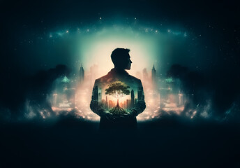 Silhouette of a person holds a glowing tree with a city skyline backdrop.  Mystical and dark background with light effects creates a hopeful, futuristic atmosphere.