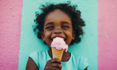 African American child holding ice cream and laughing happily