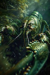 A lobster is seen nestled among underwater plants and rocks in a river. Sunlight filters through the water, illuminating its vibrant shell and peaceful surroundings