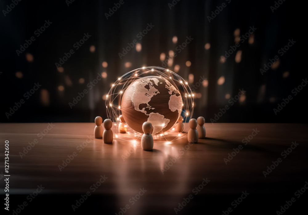 Poster A glowing globe encircled by light trails rests on a wooden surface, surrounded by small wooden figures against a dark backdrop, symbolizing global connections and unity.