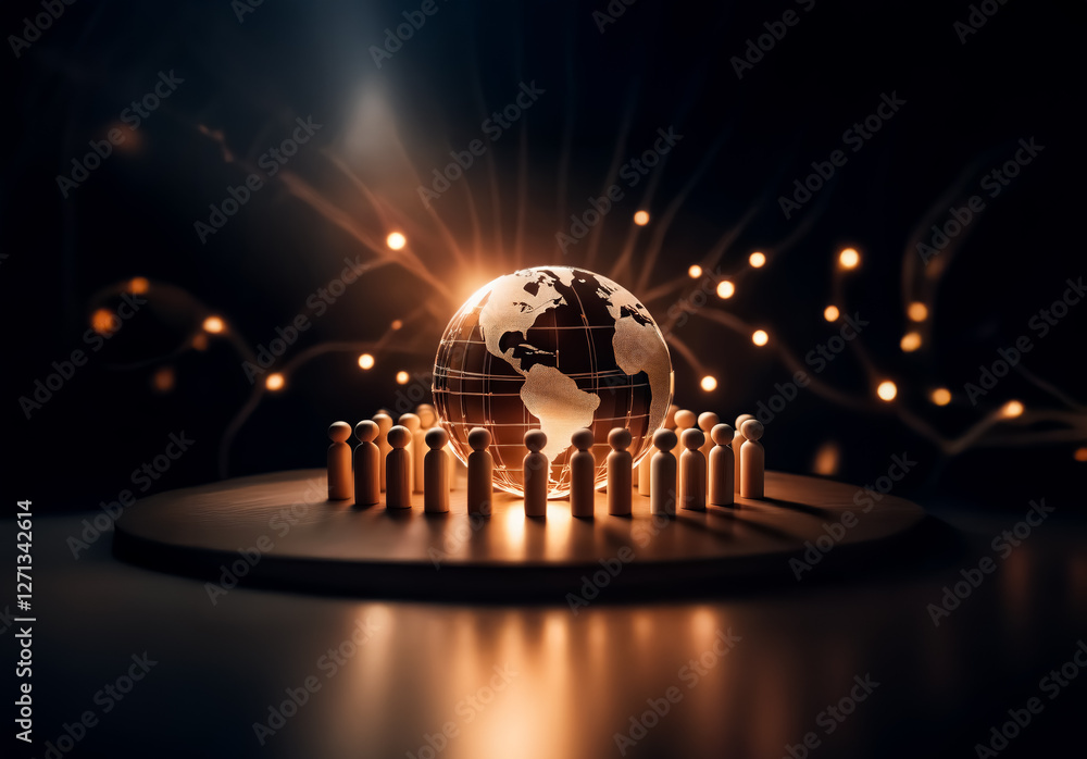 Aufkleber a glowing globe is encircled by figures on a stage, radiating light in a dark setting. a representat