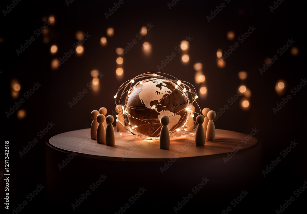 Leinwandbilder Illuminated globe encircled by lights and wooden figures on a round platform, set against a dark background with bokeh lights.