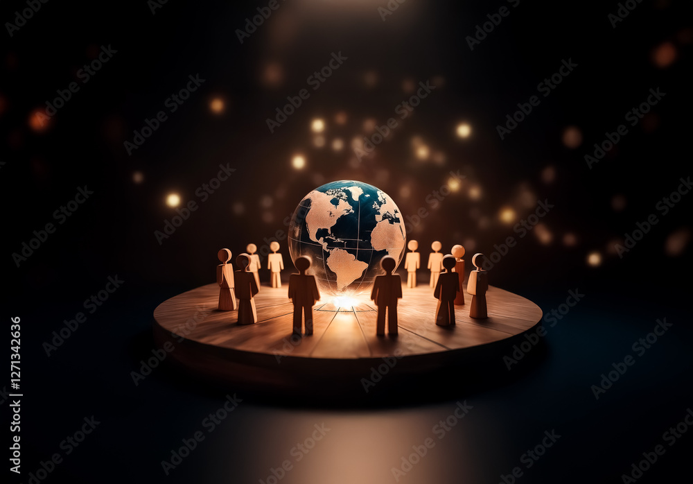 Leinwandbilder Miniature figures encircle a luminous globe on a round platform, bathed in warm light. A dark, bokeh-filled backdrop enhances the scene.