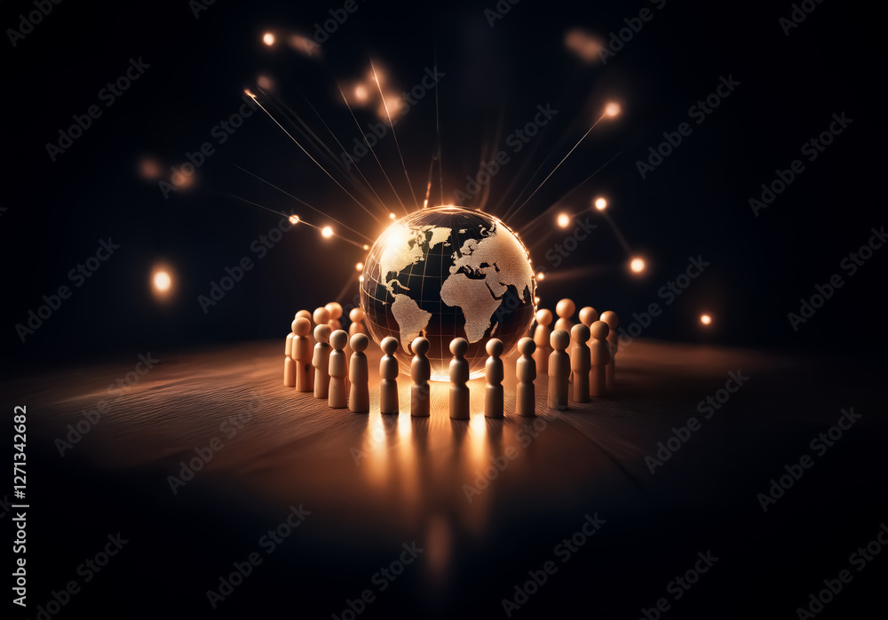 Poster illuminated globe encircled by wooden figures on a dark stage. golden rays emanate from the globe an