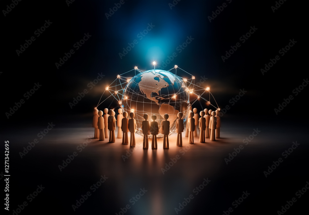 Aufkleber a global network connects people around the world, symbolized by figures encircling a glowing globe 