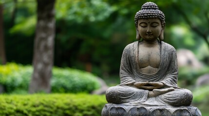 Fototapeta premium Peaceful Buddha statue in a tranquil garden setting surrounded by lush greenery and soft sunlight : Generative AI