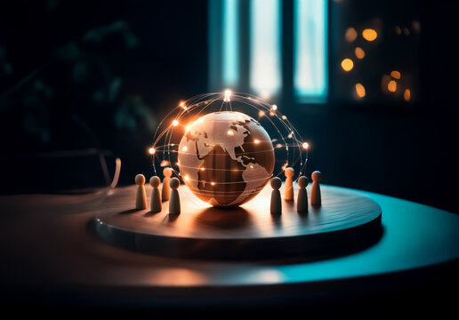 Illuminated sphere encircled by figures on a round platform. Depicts a global network and worldwide connections with a sense of unity.