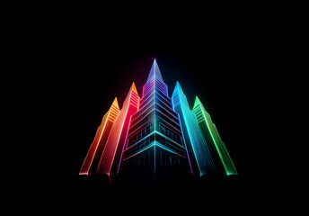 Fototapeta premium Vibrant, abstract buildings glow with neon colors against a stark black backdrop, creating a futuristic and illuminated cityscape scene.