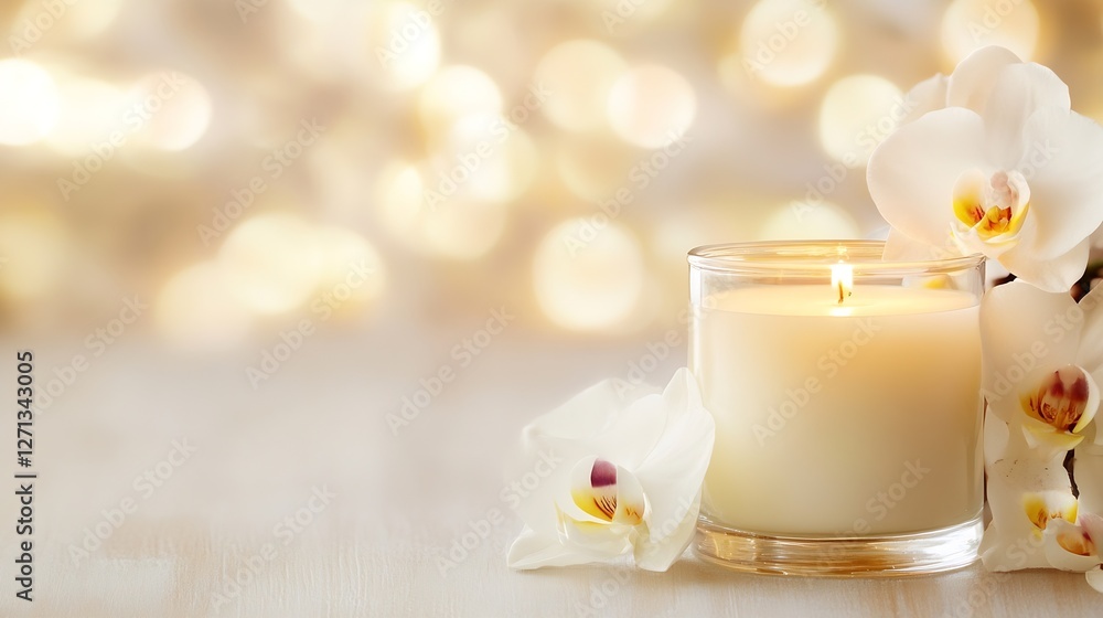 Aufkleber elegant and serene candle surrounded by white orchids with a blurred background of soft golden light