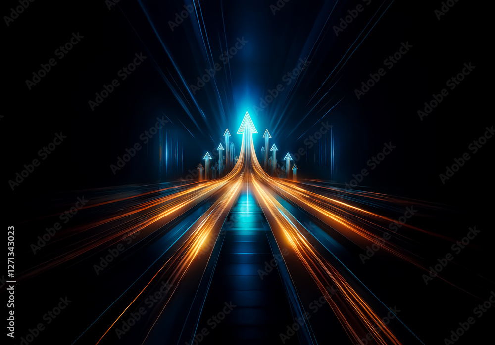 Poster streaks of blue and orange lights converge into arrows pointing upwards against a dark backdrop. the