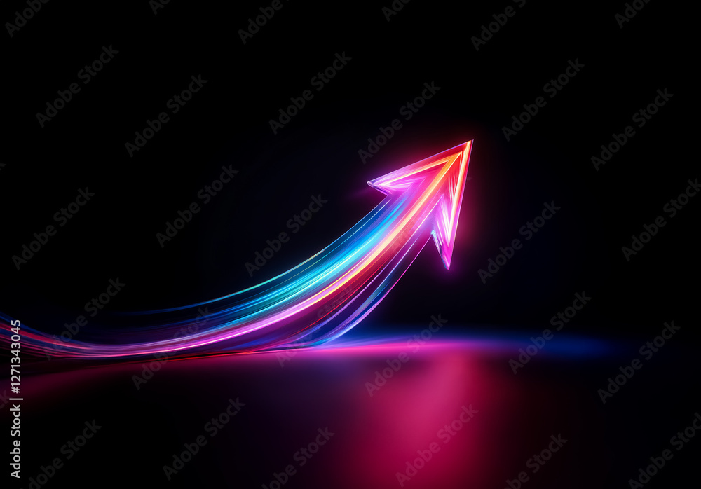 Fototapete vibrant neon arrow streaks upward against a dark backdrop, emitting a colorful glow and light trails