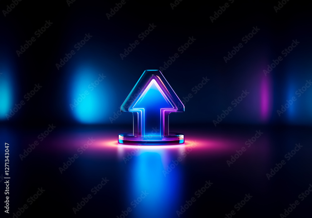 Poster a luminous arrow symbol points upwards, bathed in vibrant neon blue and pink light against a dark ba