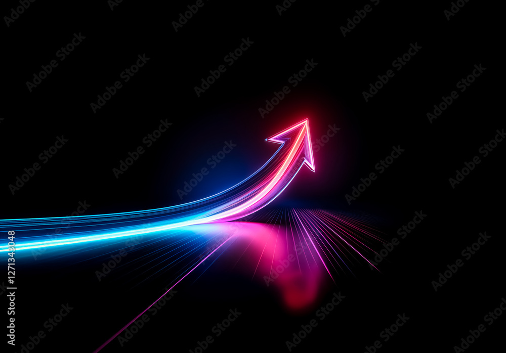Poster a vibrant neon arrow, illuminated in red and blue hues, dramatically points upwards against a stark 