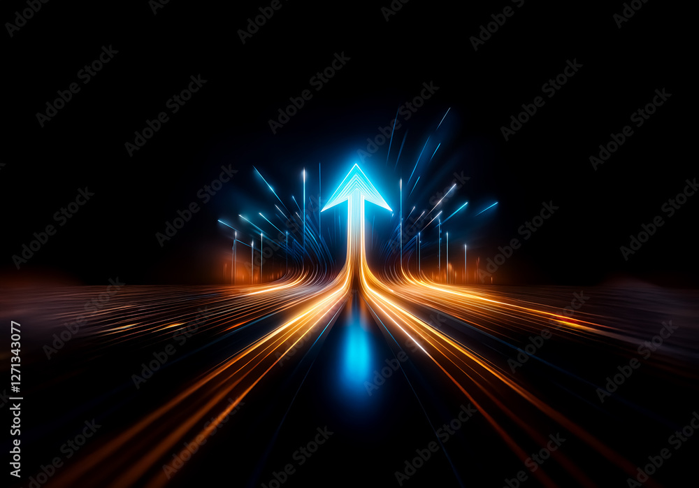 Poster a vibrant blue arrow ascends amidst streaks of orange and blue light on a dark backdrop, creating a 