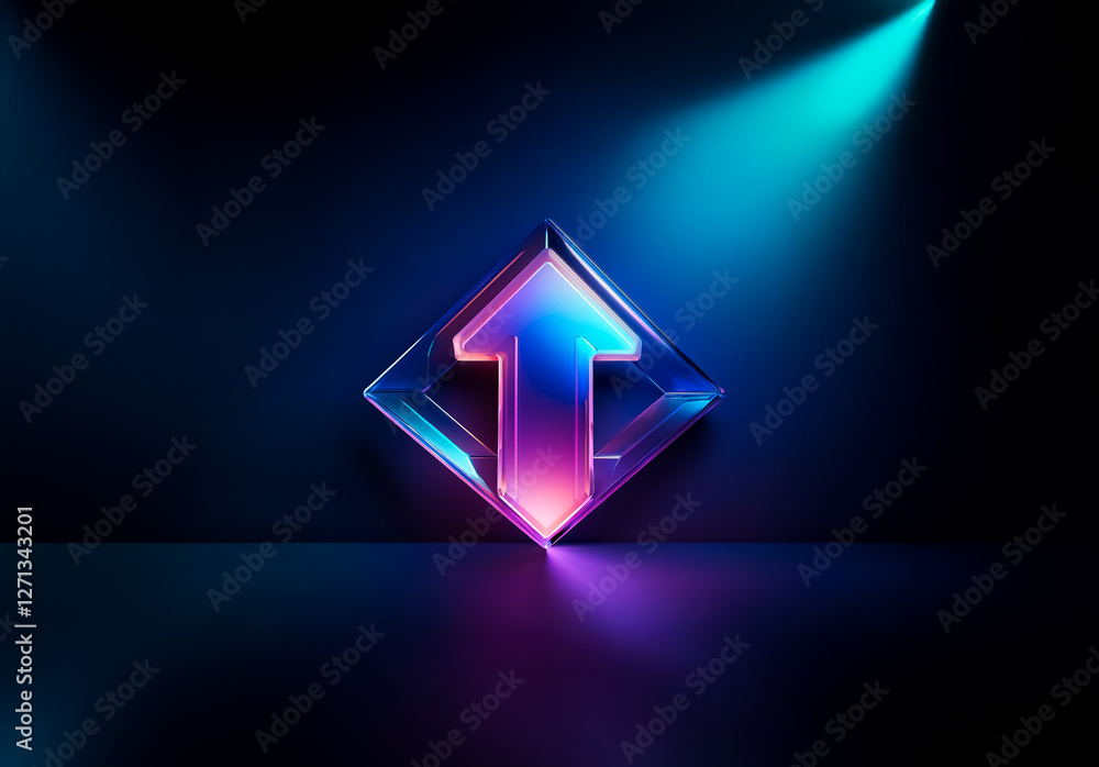 Poster glowing upward arrow in a diamond frame, brightly illuminated with neon lights against a dark backdr