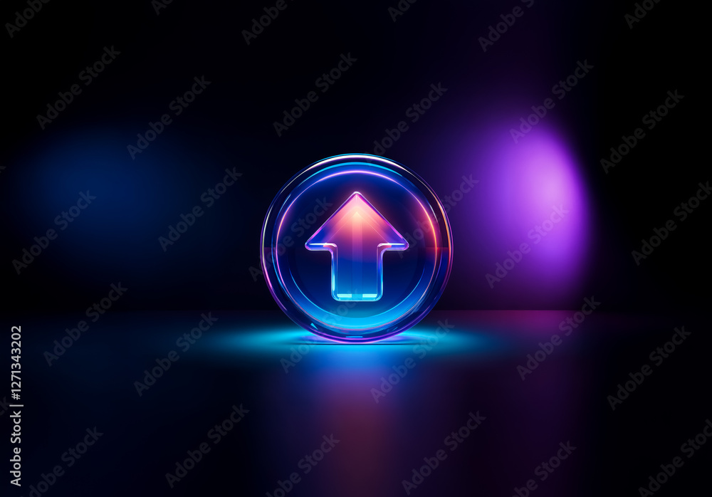 Poster Glowing upward arrow inside a circular shape, illuminated with vibrant neon light against a dark backdrop. Shiny, glossy and futuristic design element.