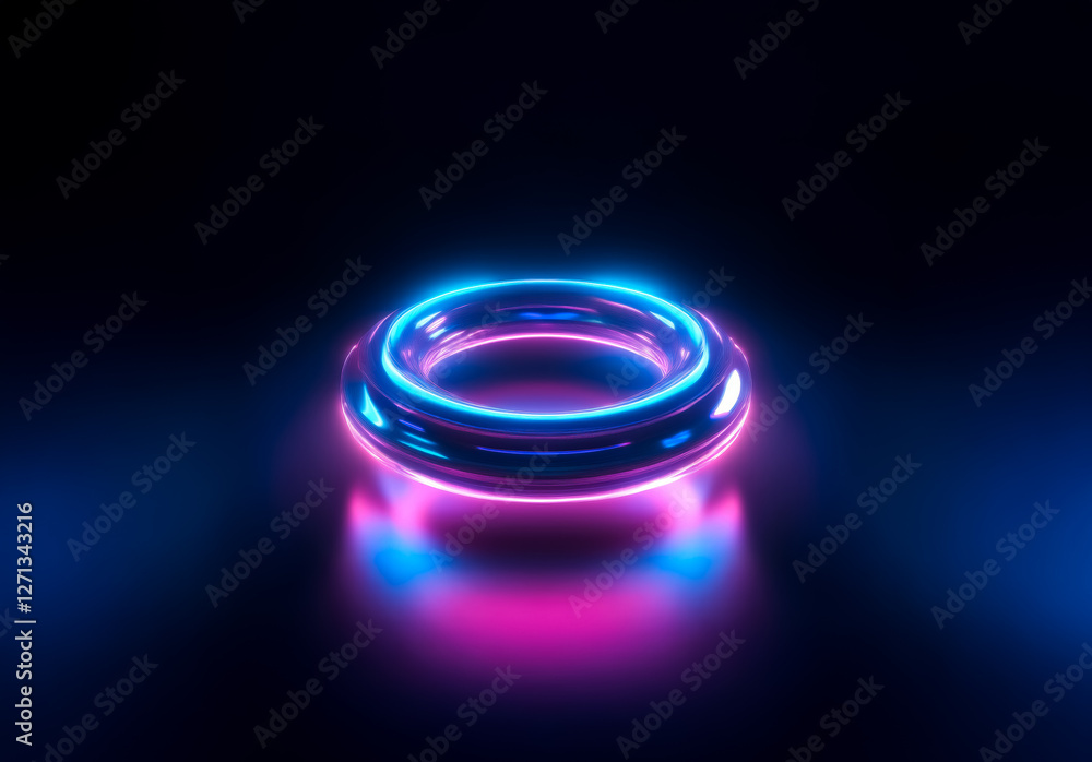 Poster A luminous ring glows with vibrant blue and pink neon light, creating a futuristic and abstract scene against a dark, reflective surface.