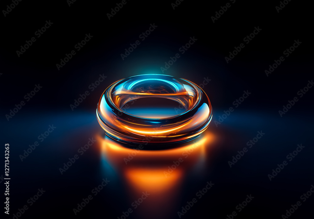 Poster Circular glassy object with vibrant blue and orange light reflections on a dark background, creating a futuristic, glowing effect.