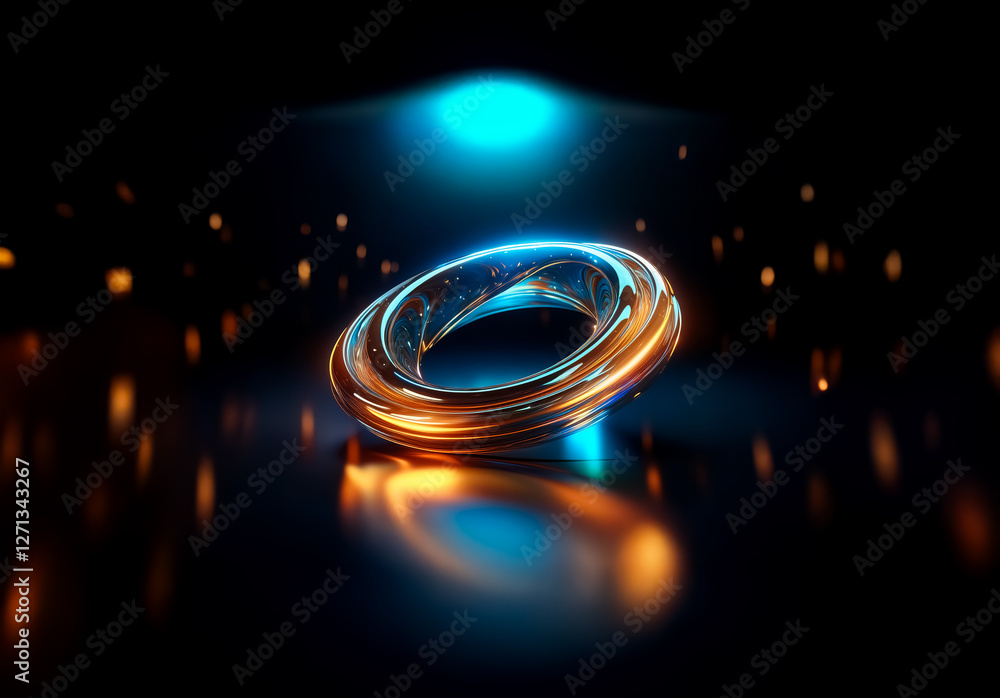 Poster reflective torus form illuminated with blue and orange lights on a dark shiny surface. bokeh lights 