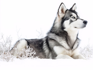 Naklejka premium A striking Siberian Husky with a thick black-and-white coat and piercing blue eyes stands confidently against a black background.