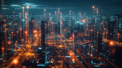 Futuristic Smart City Digital Network Glowing Lights Technology Urban Skyline Modern Architecture Night Cityscape Detailed Illustration Abstract      
