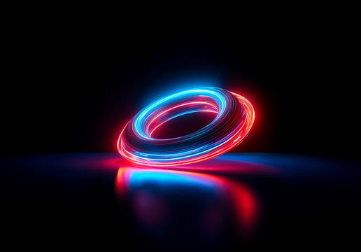 Vibrant torus form illuminated with red and blue neon light, positioned on a reflective black surface. Futuristic abstract object with a glowing and modern aesthetic.