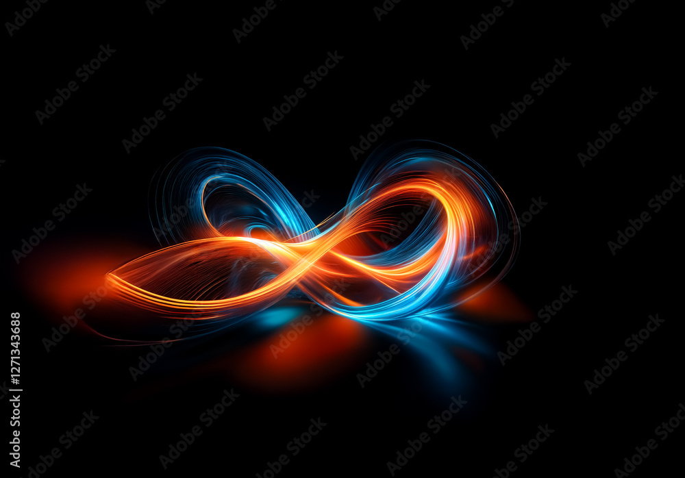 Fototapete Abstract light trails flow and intertwine, creating dynamic movement with vibrant orange and blue hues against a stark black background.