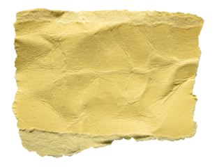 Yellow crumpled wrinkled torn piece of blank paper note cardboard with texture and copy space, close up transparent png background isolated cut out design element