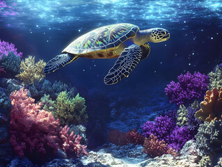 Obraz premium graceful sea turtle swims through vibrant coral reef, surrounded by colorful corals