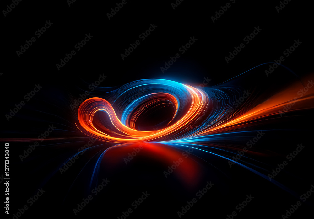 Poster vibrant light streaks of blue and orange intertwine and swirl against a stark black backdrop, creati