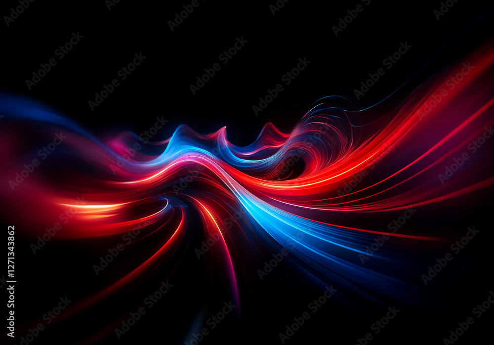 Poster Vibrant red and blue luminous waves flow and swirl on a dark backdrop, creating an abstract and dynamic design with a sense of motion and energy.
