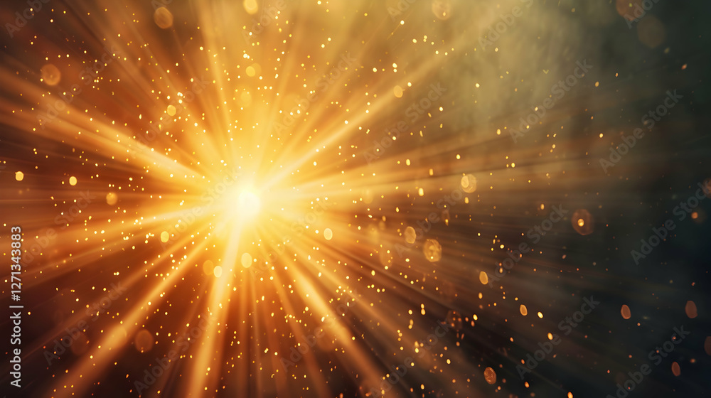 Poster bright golden light rays and shimmering particles create a magical atmosphere in the background