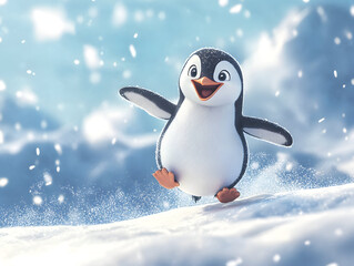 joyful penguin sliding down icy slope with excitement