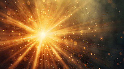 Bright golden light rays and shimmering particles create a magical atmosphere in the background