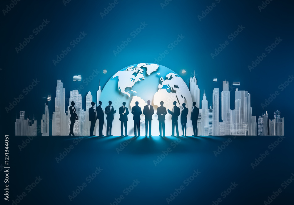 Leinwandbilder Silhouetted figures stand before a glowing globe and city skyline under a blue backdrop. The scene evokes a sense of global connection and business networking.