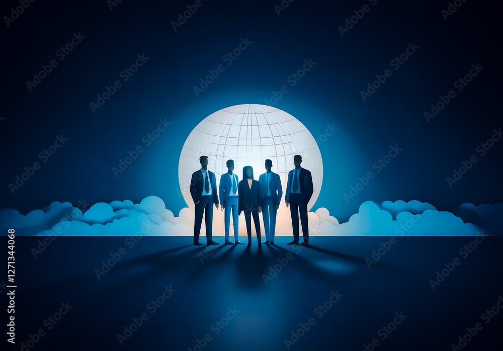Poster silhouetted figures stand before a glowing globe and clouds in a deep blue, futuristic scene. they a