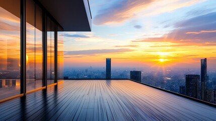 Scenic Cityscape View with Sunset Sky from High Building in Modern Architectural Design