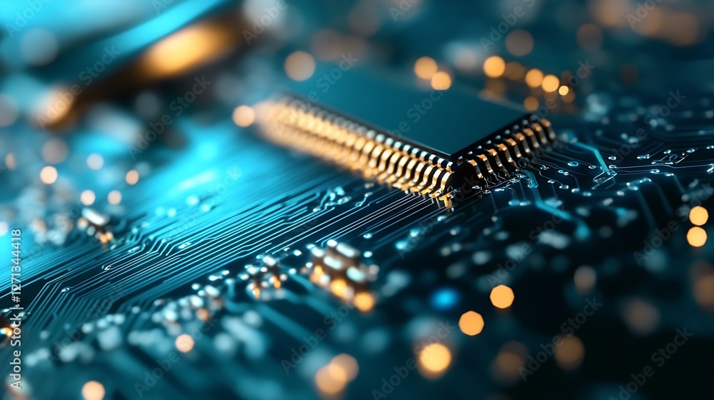 Aufkleber closeup view of electronic circuit board with detailed microchip illuminated by blue lights : genera