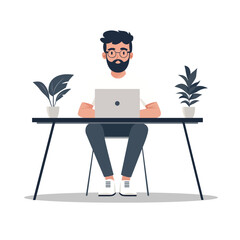 Flat 2D illustration of a young businessman working on a laptop at a modern desk, office background, clean and minimalistic style, pastel colors. A man is working at a computer on a white background