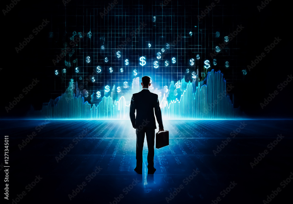 Aufkleber A businessman in a suit and briefcase gazes at digital dollar symbols and glowing graphs against a dark backdrop, representing financial technology and market analysis.