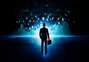 A businessman in a suit and briefcase gazes at digital dollar symbols and glowing graphs against a dark backdrop, representing financial technology and market analysis.