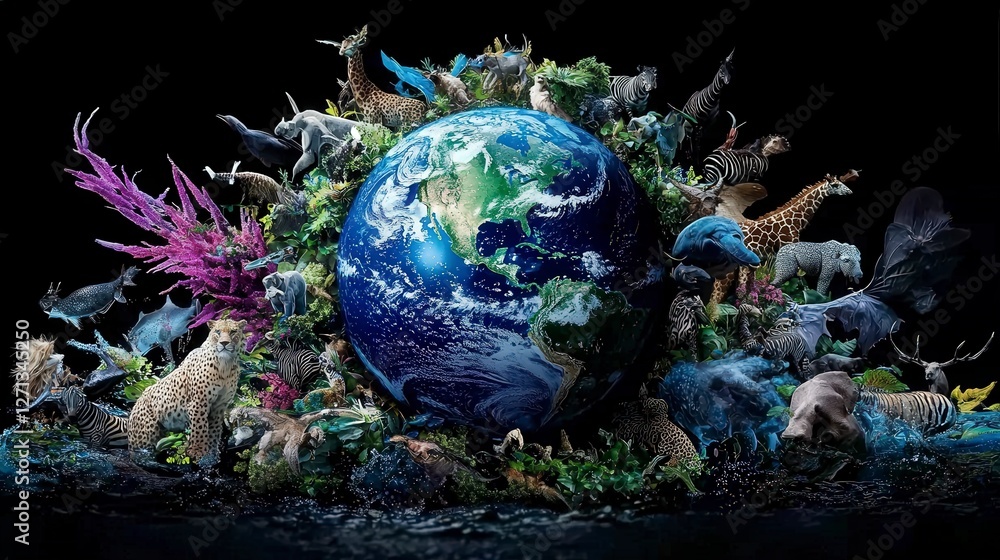 Poster Global unity a globe surrounded by diverse land and sea animals environments and ai concepts