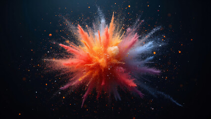 Abstract explosion of colorful particles radiating outwards with motion blur effects, set against a dark background for high contrast and energy